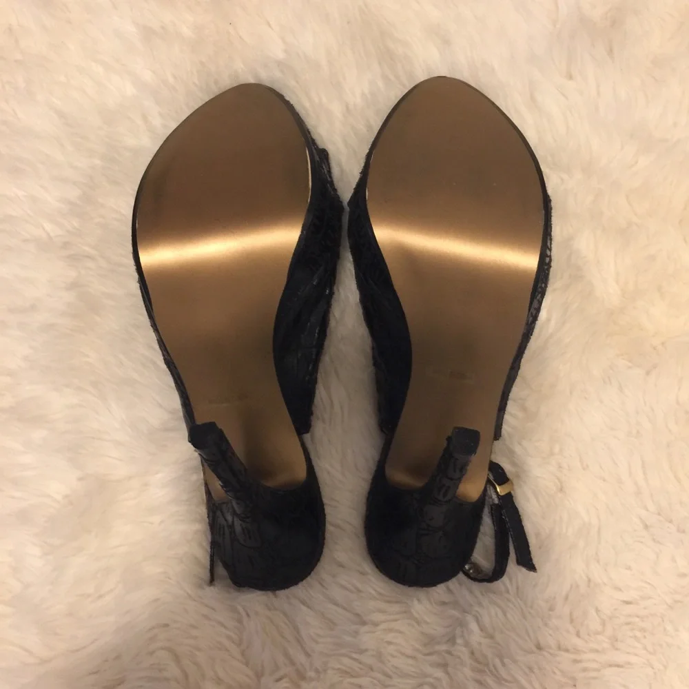 Anne Michelle Woman’s Black Peep Toe Sling Back Platform Stiletto Heels Sz 6